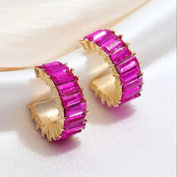 Pink Cubic Zirconia 14k Hoop Earrings - Picture 2 of 4